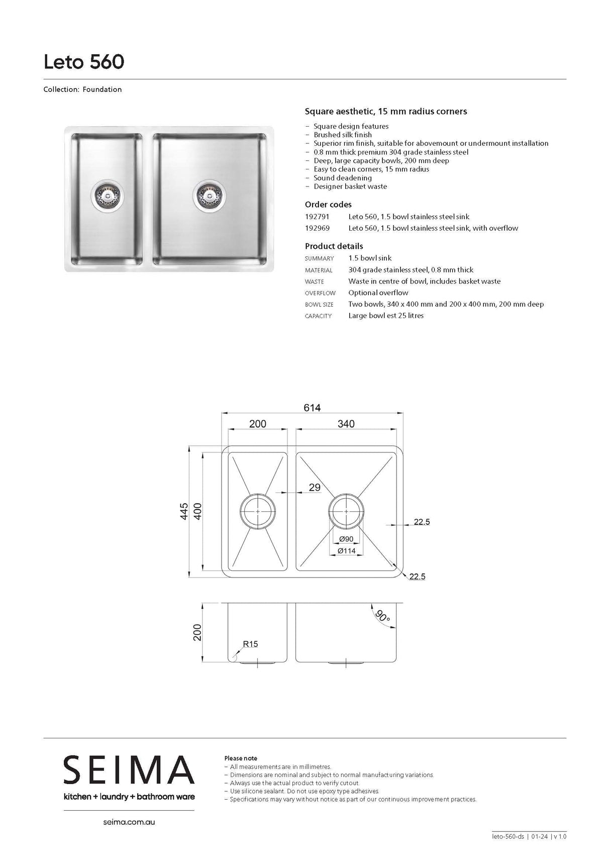 Seima 192791 Leto Sink 560 1 & 1/2 Bowl, Abovemount/Undermount, no Taphole, Stainless Steel, 560x445mm