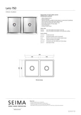 Seima 191332 Leto 750 Double Bowl Sink, Abovemount/Undermount, Stainless Steel