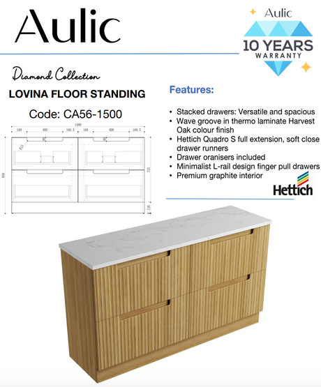 Aulic 1500mm Lovina Floorstanding Vanity with Solid Surface Top Cato Top Double Basin CA56-1500D-CT28 Vanity Units