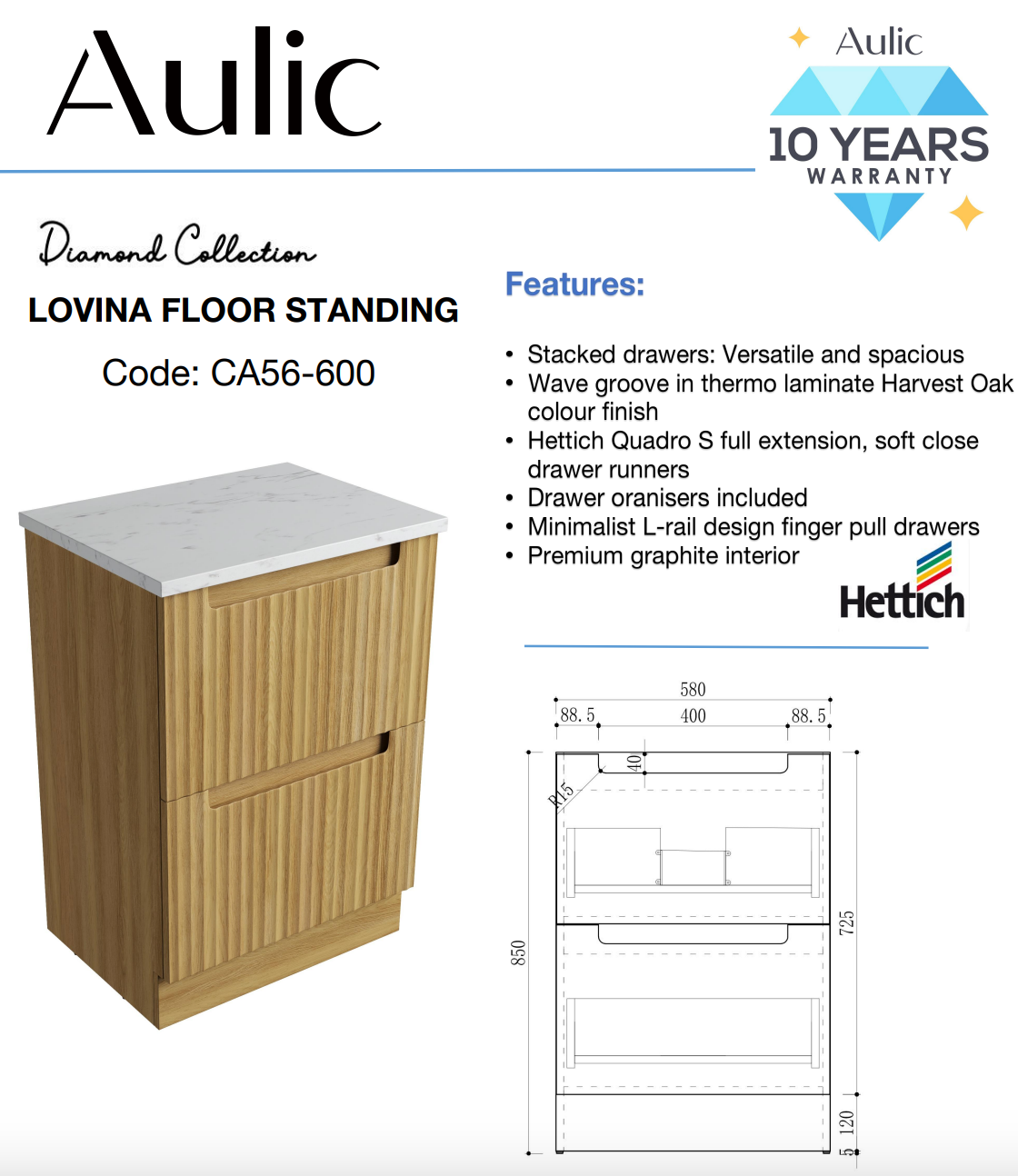 Aulic 600mm Lovina Floorstanding Vanity with Solid Surface Top Snow Top CA56-600-CT28 Vanity Units