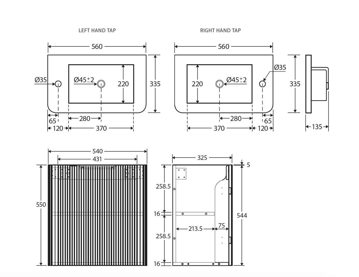 Fienza 55UWL Minka Mini 550 Wall-Hung Vanity, Left Hand Tap, Satin White
