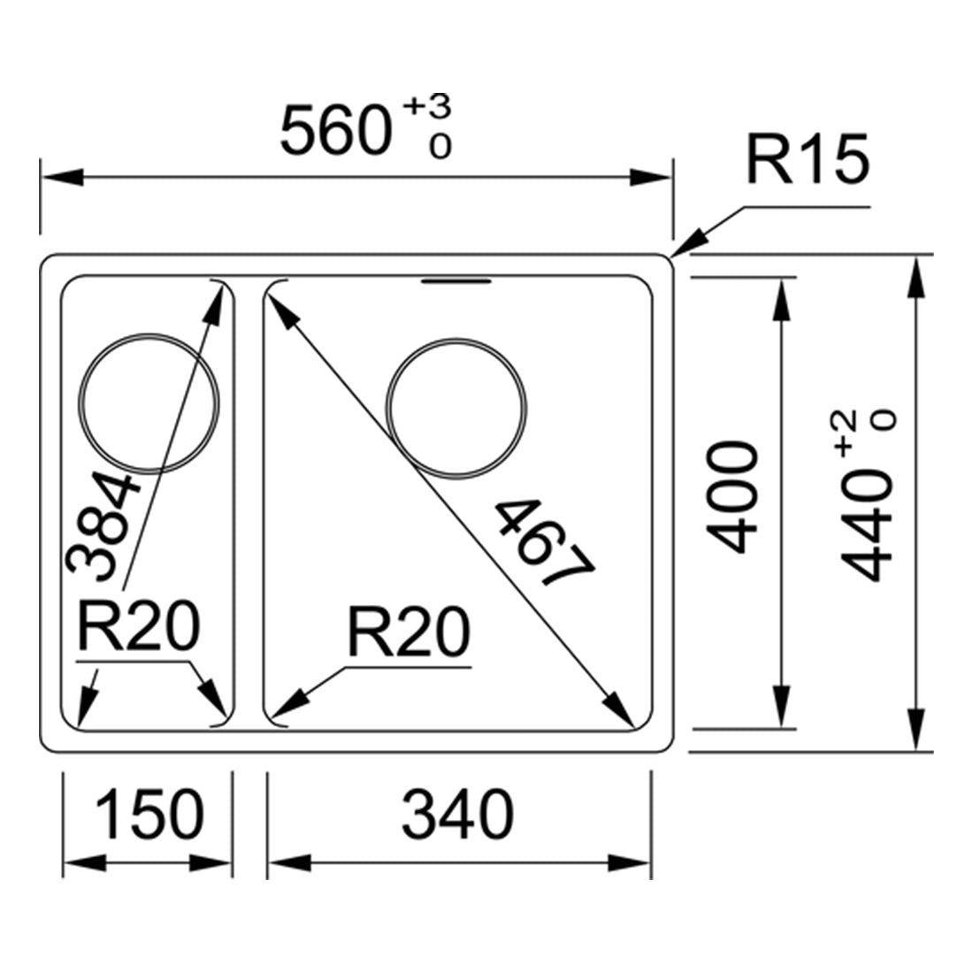 Franke Maris Granite One and a Half Bowl, 340-150mm, Topmount, Left Hand, Matte Black, MRG 660/34-15B SBL MB
