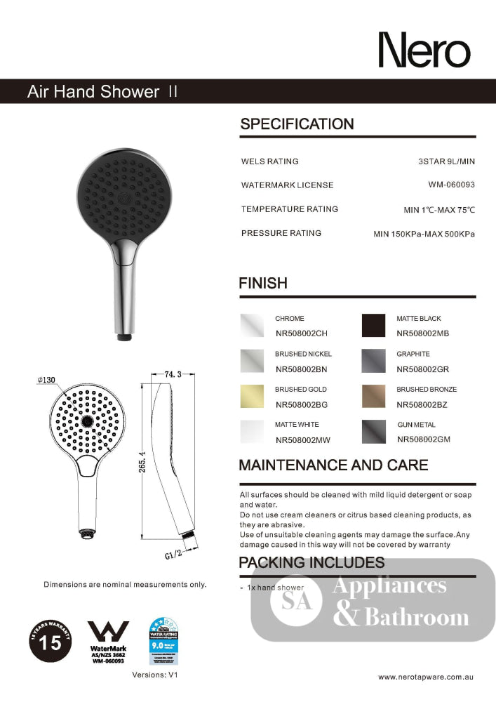 Nero Air Hand Shower II Matte White NR508002MW - Hand Showers