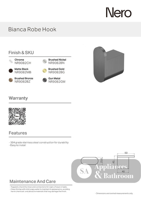 Nero Bianca Robe Hook Matte Black NR9082MB - Robe Hooks