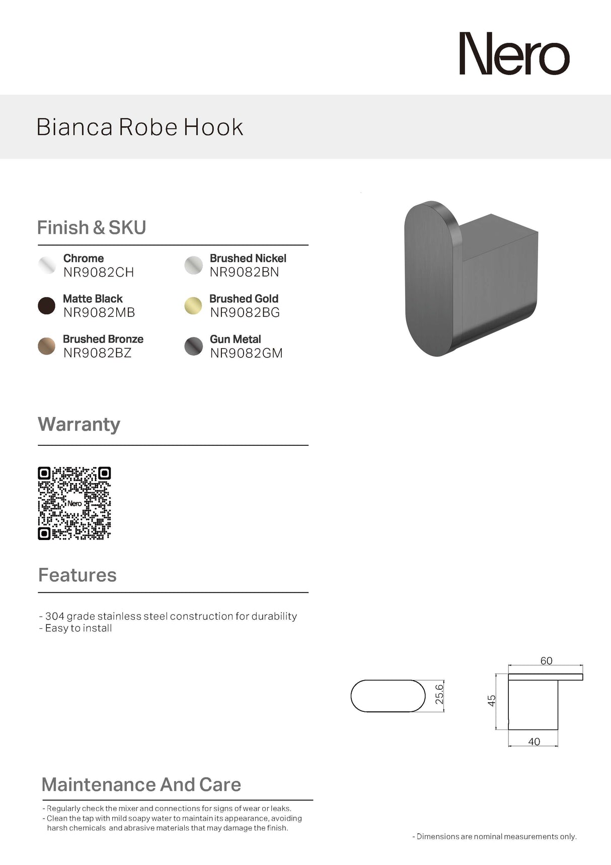 Nero Bianca Robe Hook Matte Black NR9082MB