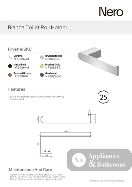 Nero Bianca Toilet Roll Holder Chrome NR9086CH - TOILET ROLL HOLDERS