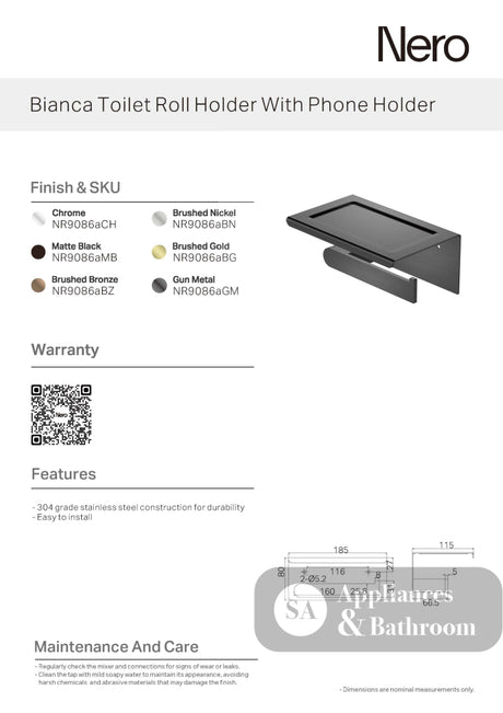 Nero Bianca Toilet Roll Holder with Phone Holder Brushed Gold NR9086ABG - TOILET ROLL HOLDERS