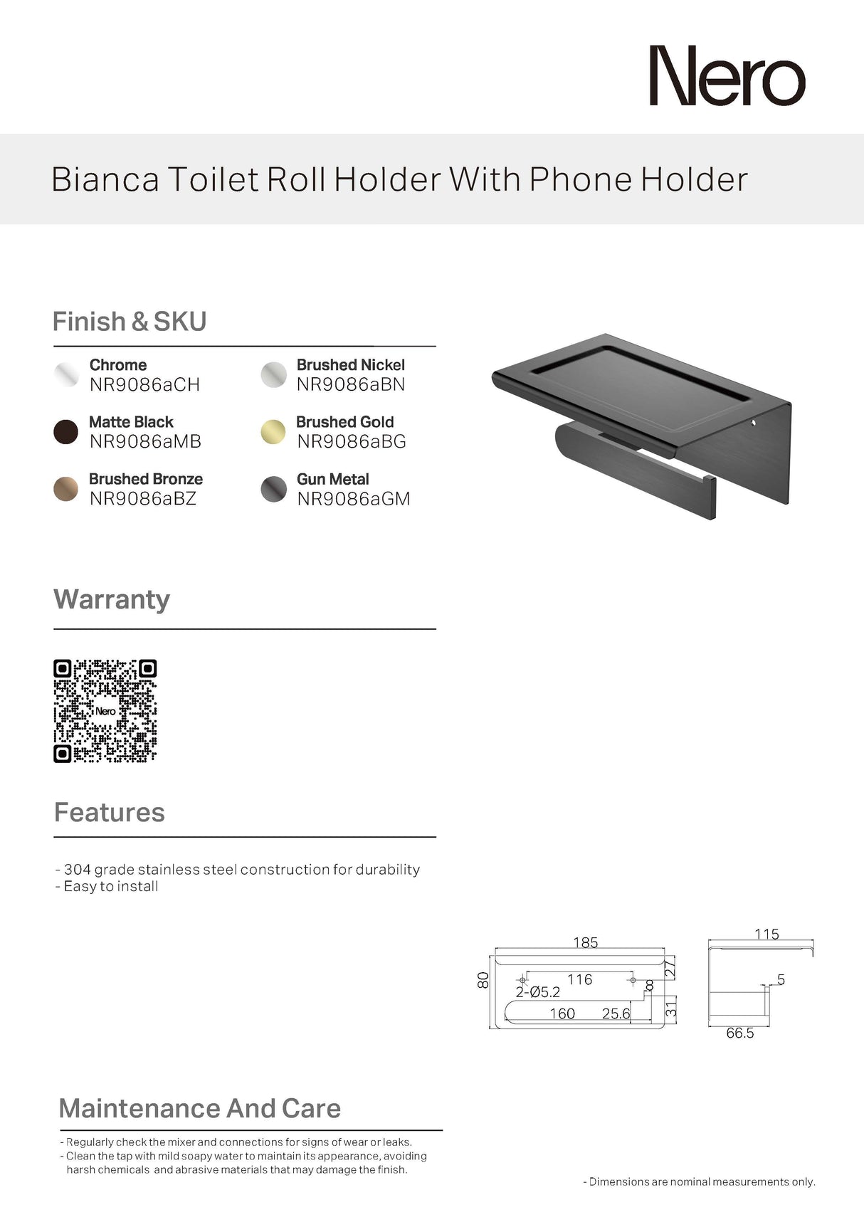 Nero Bianca Toilet Roll Holder with Phone Holder Chrome NR9086ACH