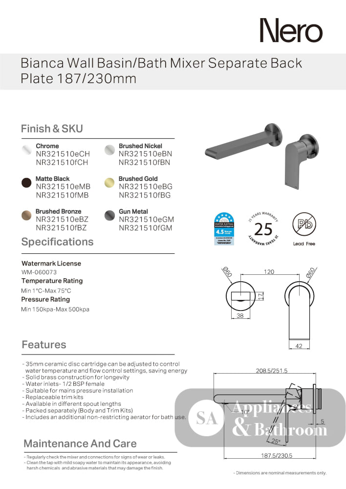 Nero Bianca Wall Basin/Bath Mixer 187mm Separate Back Plate Chrome NR321510ECH - Wall Mixers & Spouts