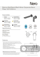 Nero Bianca Wall Basin/Bath Mixer 187mm Separate Back Plate Chrome NR321510ECH - Wall Mixers & Spouts