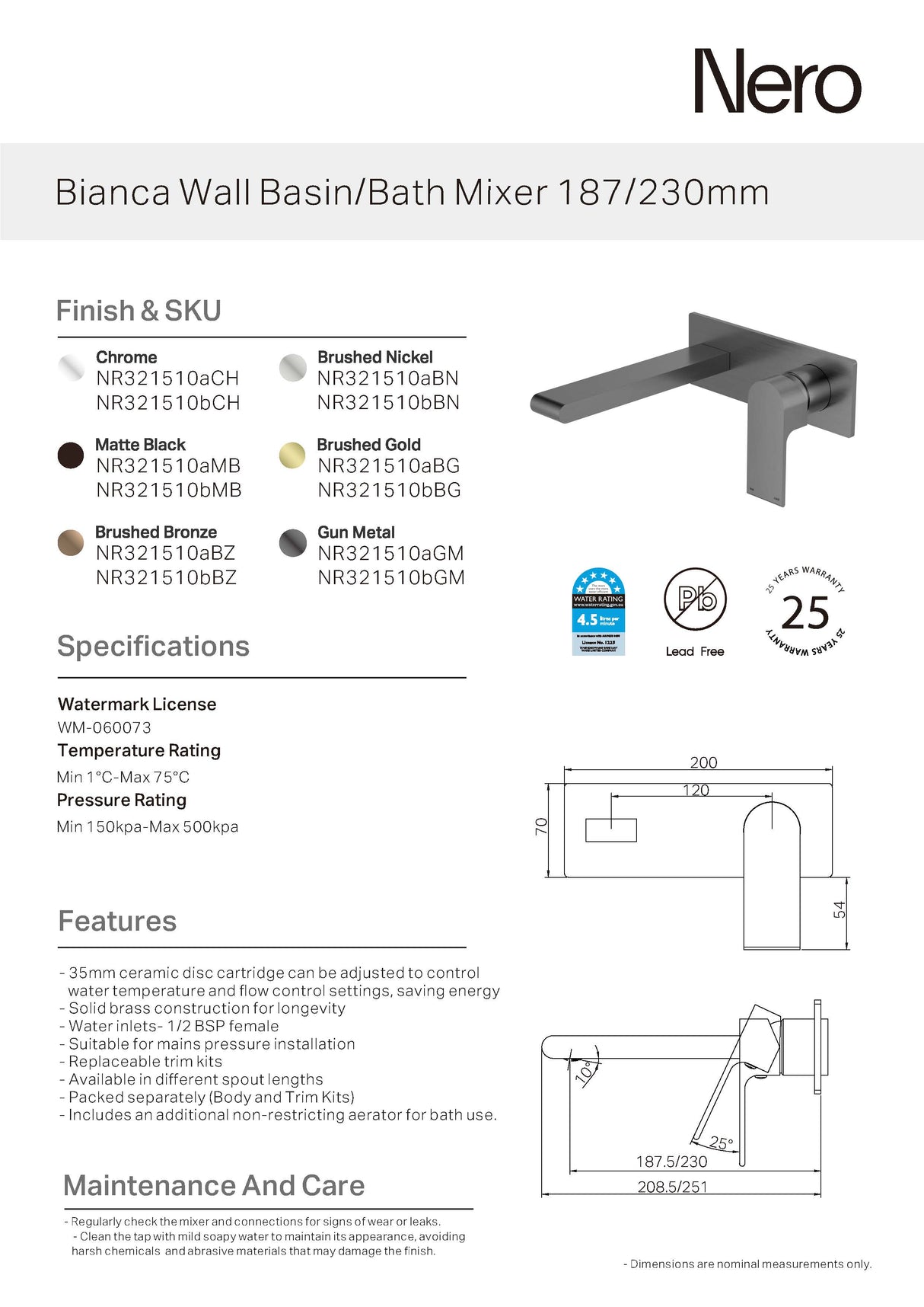 Nero Bianca Wall Basin/Bath Mixer 187mm Chrome NR321510ACH