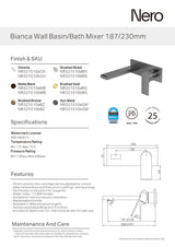 Nero Bianca Wall Basin/Bath Mixer 187mm Chrome NR321510ACH