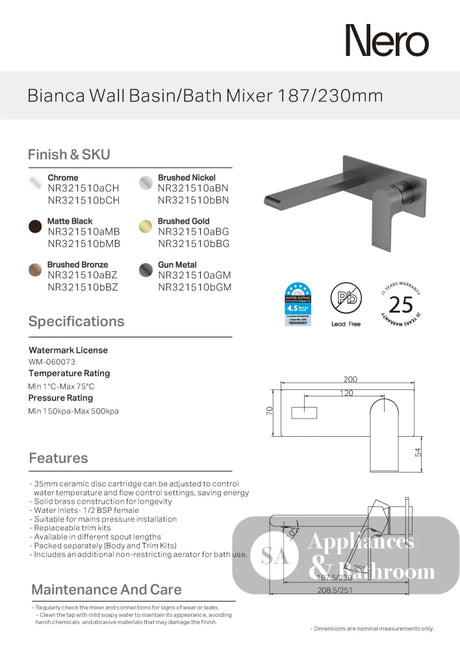 Nero Bianca Wall Basin/Bath Mixer 230mm Chrome NR321510BCH - Wall Mixers & Spouts