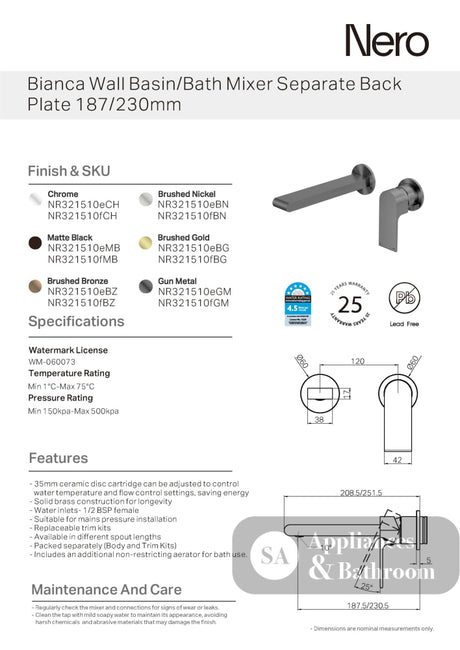Nero Bianca Wall Basin/Bath Mixer 230mm Separate Back Plate Chrome NR321510FCH - Wall Mixers & Spouts