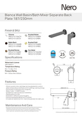 Nero Bianca Wall Basin/Bath Mixer 187mm Separate Back Plate Chrome NR321510ECH