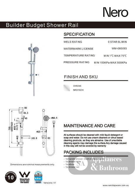 Nero Builder Budget Rail Shower Chrome NR315CH - Rail Showers