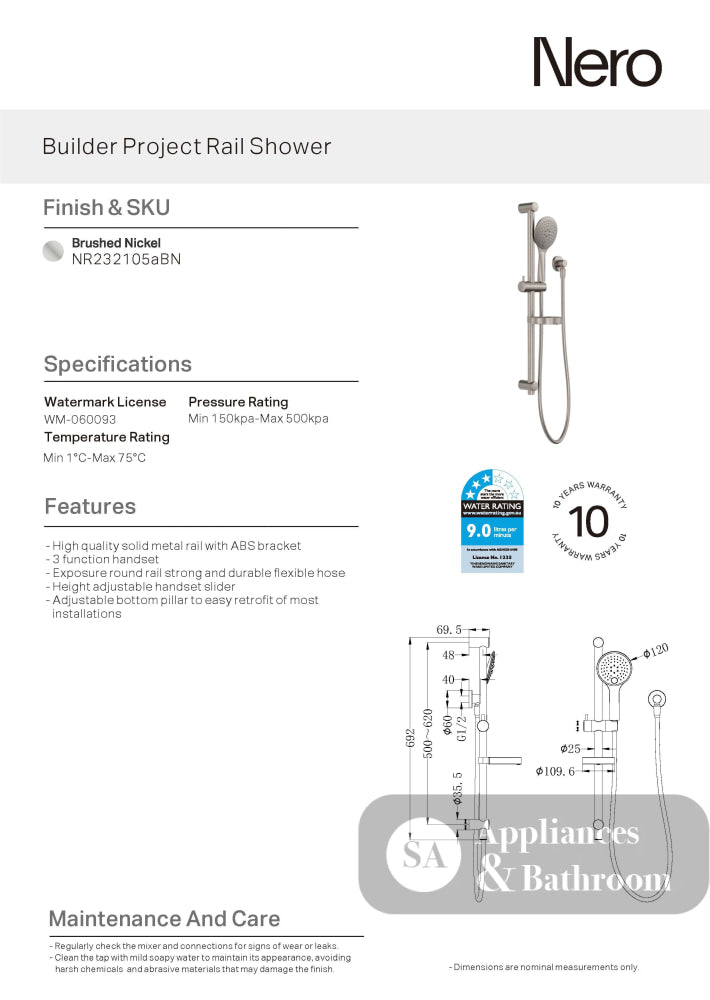 Nero Builder Project Rail Shower Brushed Nickel NR232105ABN - Rail Showers