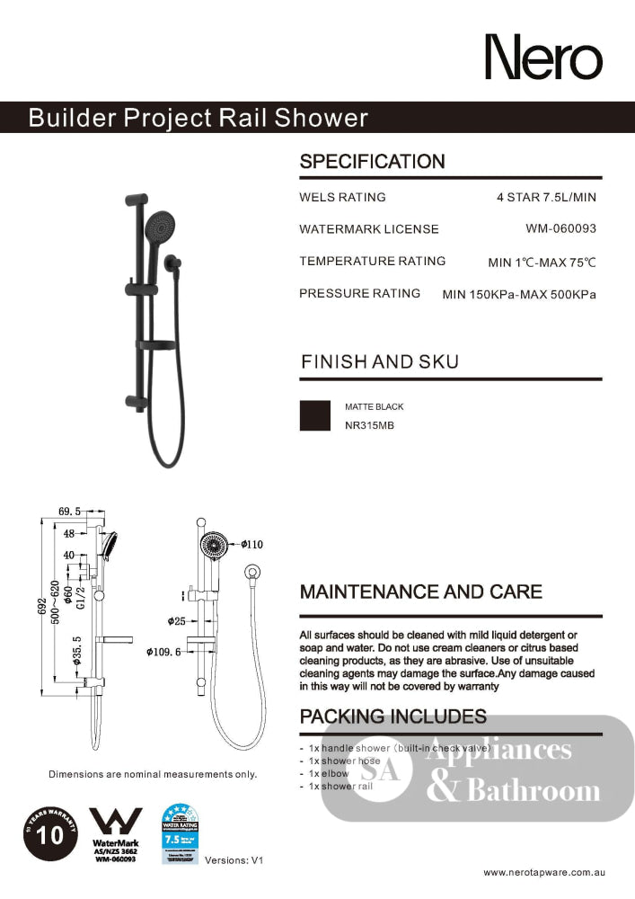 Nero Builder Project Rail Shower Matte Black NR315MB - Rail Showers