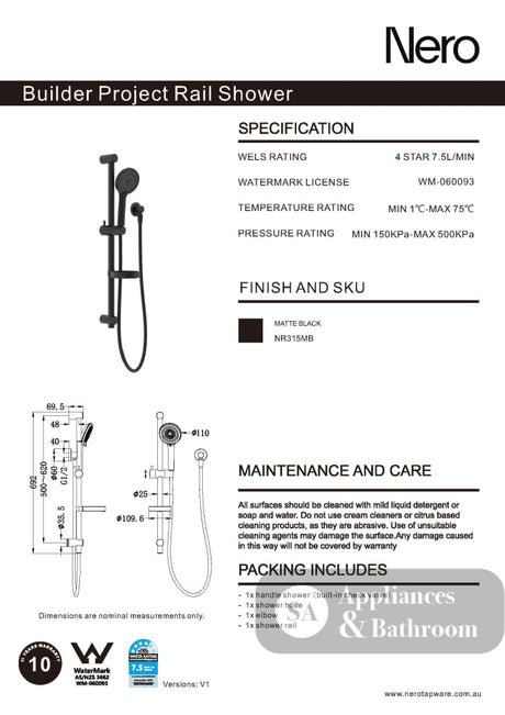 Nero Builder Project Rail Shower Matte Black NR315MB - Rail Showers