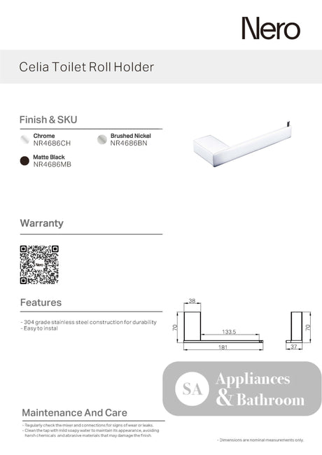 Nero Celia Toilet Roll Holder Matte Black NR4686MB - TOILET ROLL HOLDERS