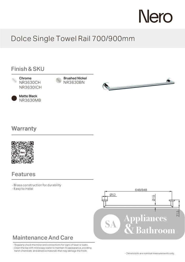 Nero Dolce 700mm Single Towel Rail Chrome NR3630CH - Accessories