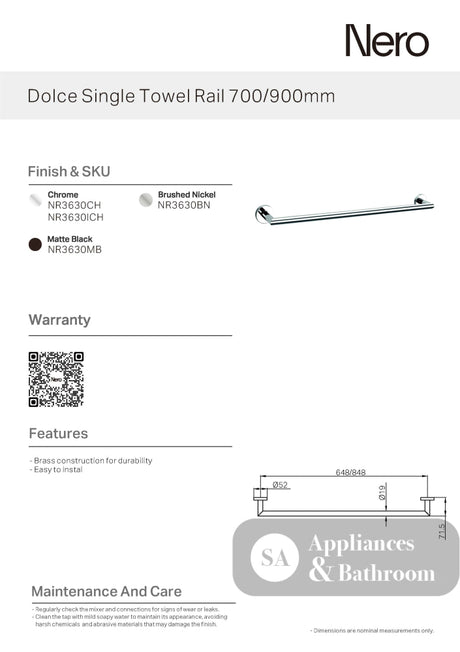 Nero Dolce 900mm Single Towel Rail Chrome NR3630lCH - Accessories