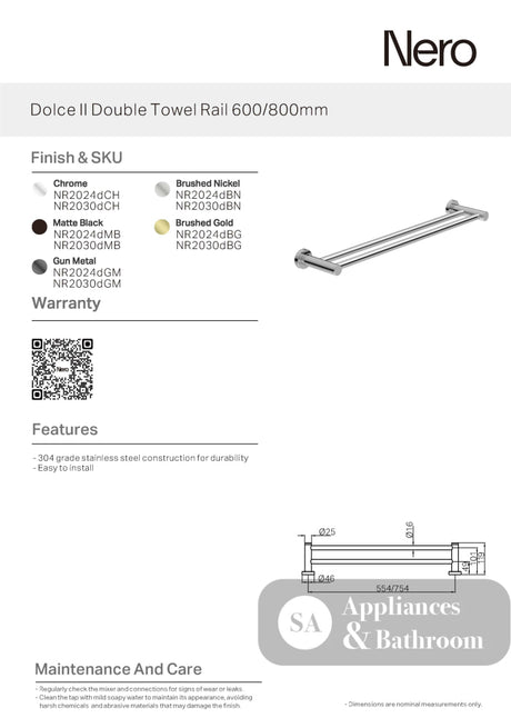 Nero Dolce Double Towel Rail 800mm Brushed Nickel NR2030DBN - Accessories