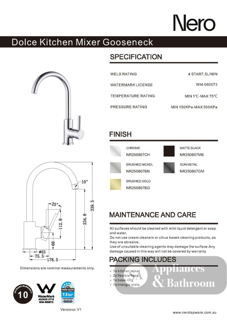Nero Dolce Kitchen Mixer Gooseneck Brushed Nickel NR250807BN - Kitchen Mixer Taps