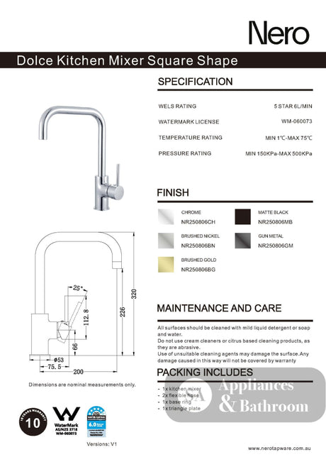 Nero Dolce Kitchen Mixer Square Shape Chrome NR250806CH - Kitchen Mixer Taps