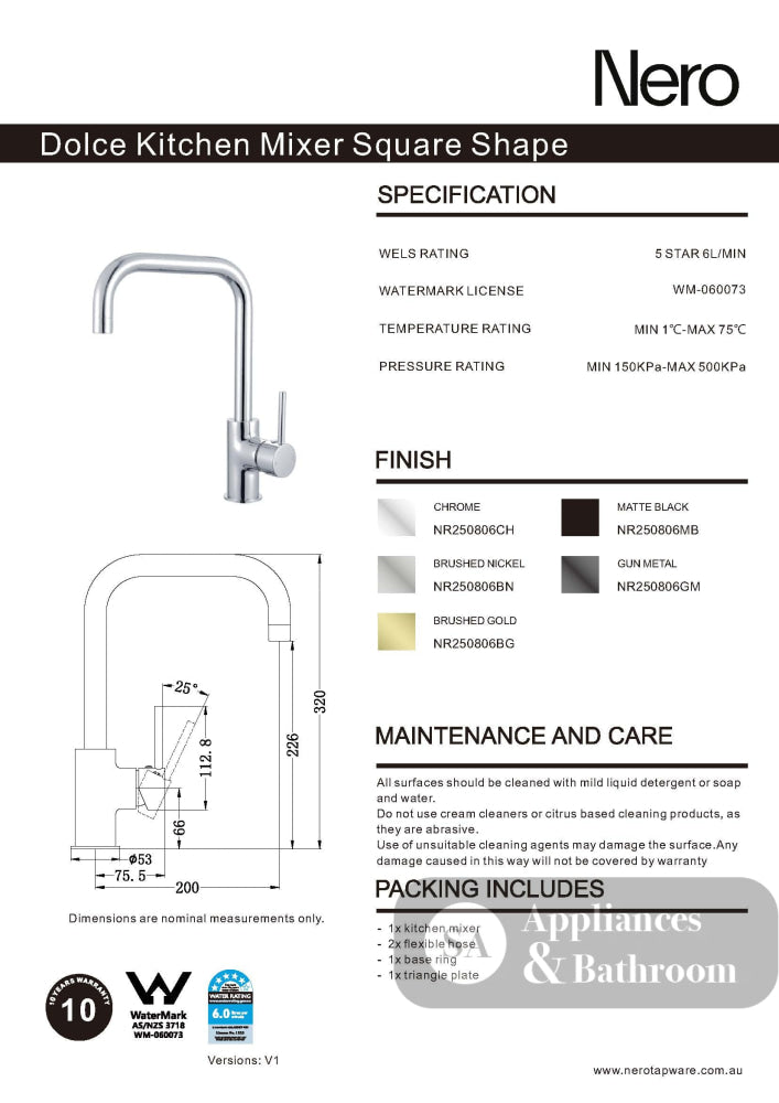Nero Dolce Kitchen Mixer Square Shape Matte Black NR250806MB - Kitchen Mixer Taps