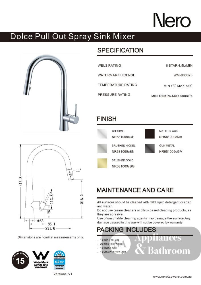 Nero Dolce Pull Out Sink Mixer With Vegie Spray Function Brushed Nickel NR581009cBN - Kitchen Mixer Taps