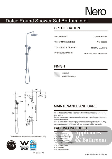 Nero Dolce Round Shower Set Bottom Inlet Chrome NR280705CBCH - Twin Showers