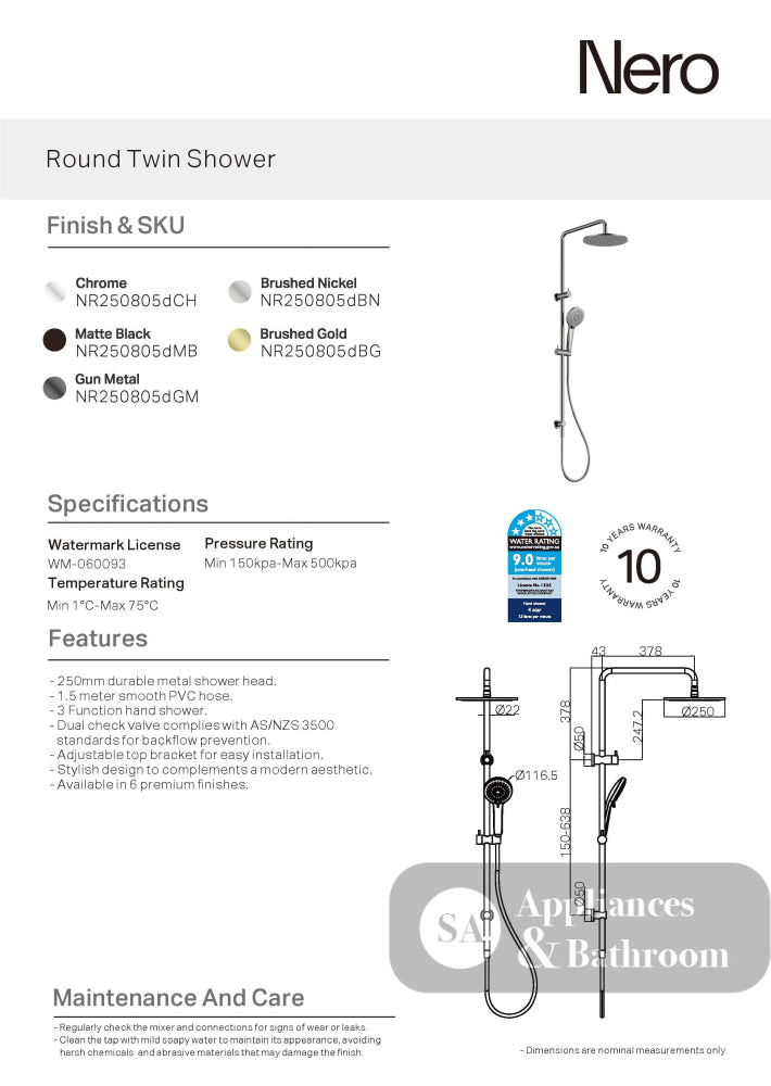 Nero Dolce Shower Set Brushed Nickel NR250805dBN - Twin Showers