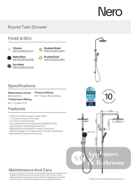 Nero Dolce Shower Set Brushed Nickel NR250805dBN - Twin Showers
