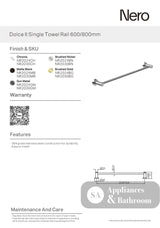 Nero Dolce Single Towel Rail 800mm Brushed Nickel NR2030BN - Accessories