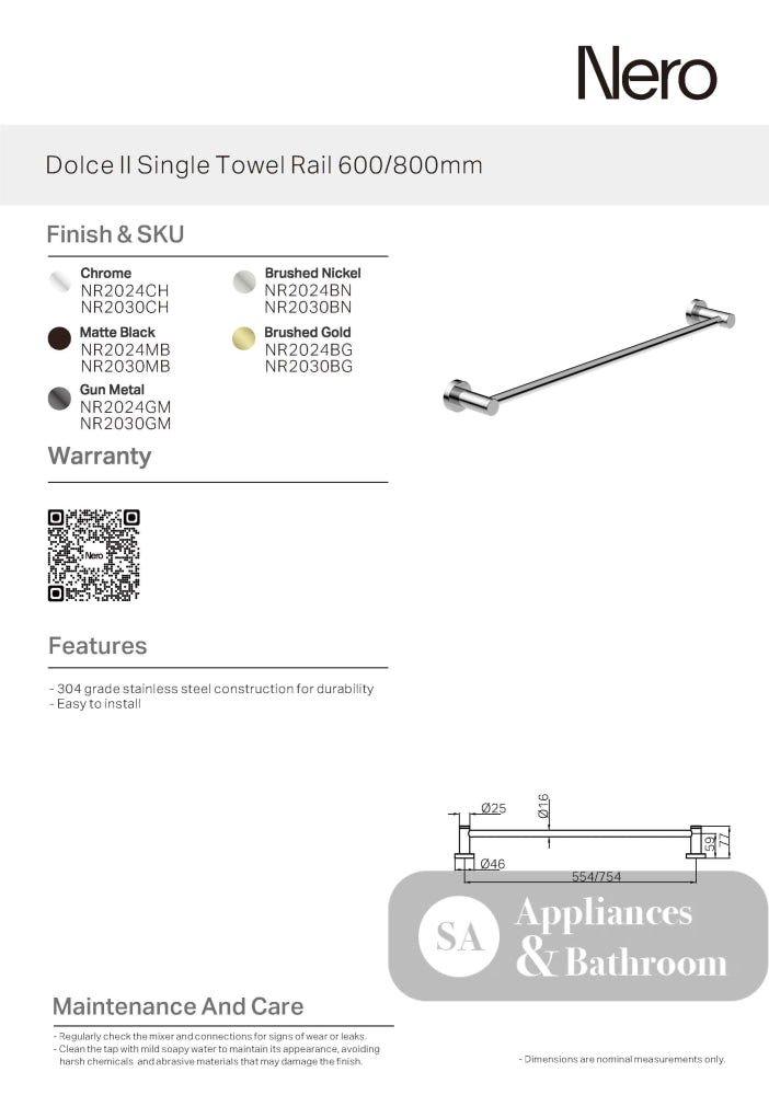 Nero Dolce Single Towel Rail 800mm Chrome NR2030CH - Accessories