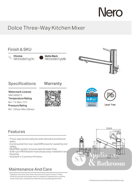 Nero Dolce ThreeWay Kitchen Mixer Chrome NR250807GCH - Kitchen Mixer Taps
