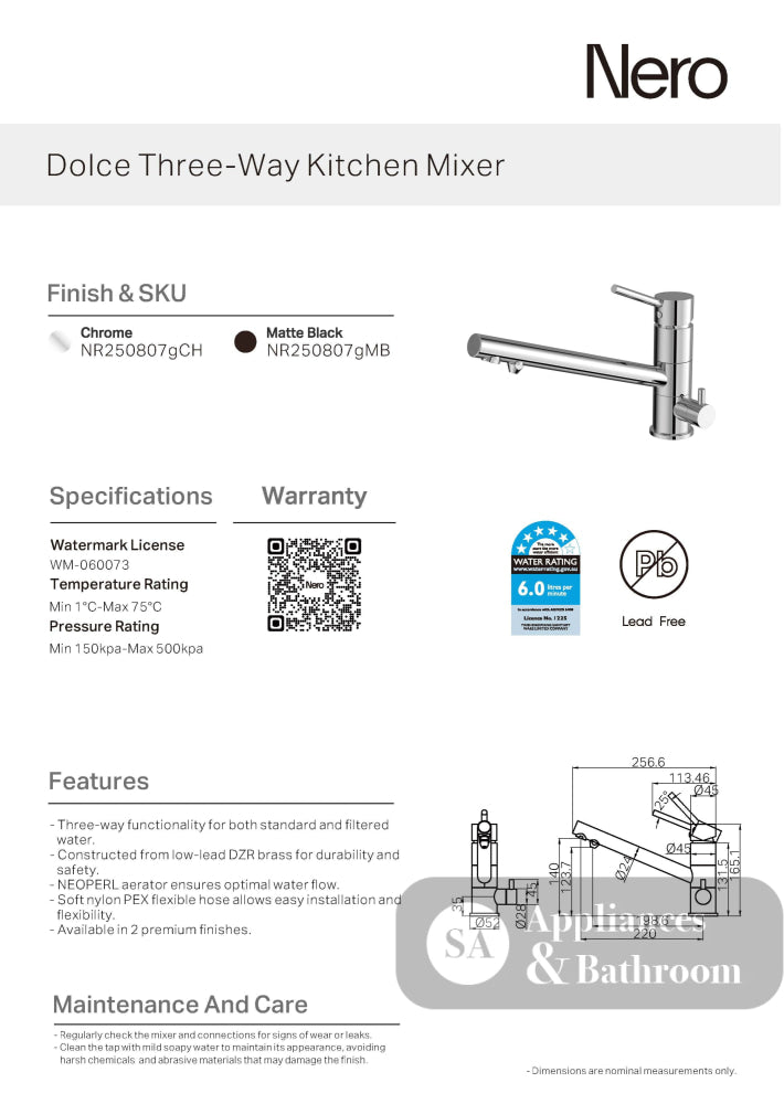 Nero Dolce ThreeWay Kitchen Mixer Matte Black NR250807GMB - Kitchen Mixer Taps
