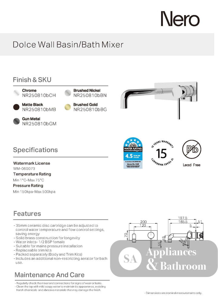 Nero Dolce Wall Basin/Bath Mixer Chrome NR250810BCH - Wall Mixers & Spouts