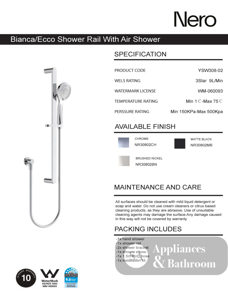 Nero Ecco Shower Rail With Air Shower Brushed Nickel NR30802BN - Rail Showers