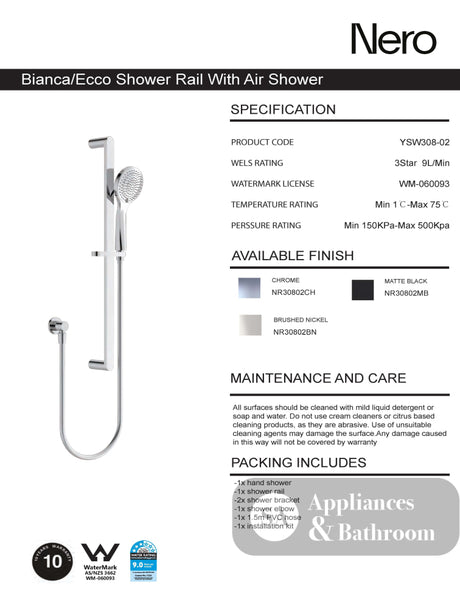 Nero Ecco Shower Rail With Air Shower Matte Black NR30802MB - Rail Showers