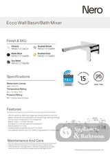 Nero Ecco Wall Basin/Bath Mixer 205mm Spout Gunmetal NR301310AGM - Wall Mixers & Spouts