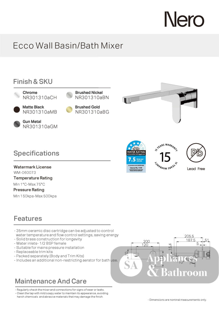 Nero Ecco Wall Basin/Bath Mixer Chrome NR301310ACH - Wall Mixers & Spouts