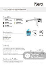 Nero Ecco Wall Basin/Bath Mixer Chrome NR301310ACH - Wall Mixers & Spouts