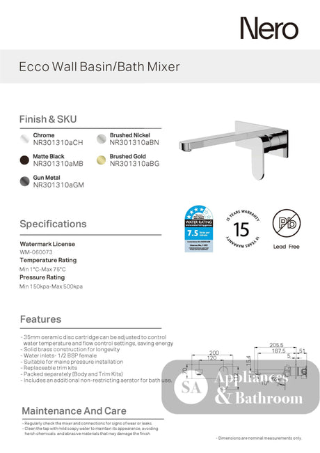 Nero Ecco Wall Basin/Bath Mixer Chrome NR301310ACH - Wall Mixers & Spouts