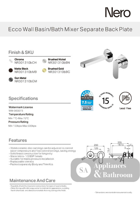 Nero Ecco Wall Basin/Bath Mixer Separate Back Plate Matte Black NR301310BMB - Wall Mixers & Spouts