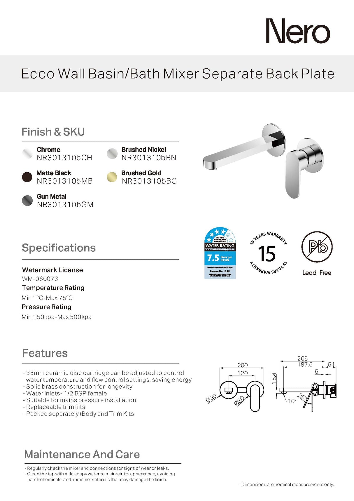 Nero Ecco Wall Basin/Bath Mixer Separate Back Plate Chrome NR301310BCH