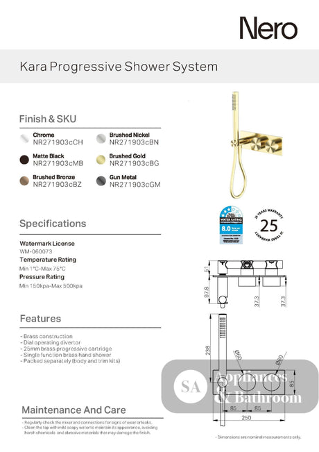 Nero Kara Progressive Shower System Brushed Gold NR271903CBG - Hand Showers