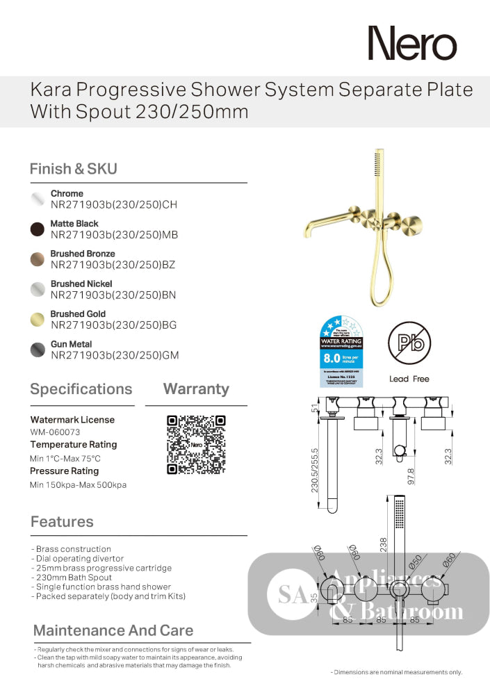Nero Kara Progressive Shower System (Separate Plates) 230mm Brushed Gold NR271903B230BG - Wall Mixers & Spouts