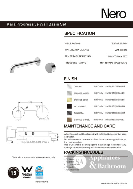 Nero Kara Progressive Wall Basin Set Mixer 160mm Spout Chrome NR271907a160CH - Wall Mixers & Spouts